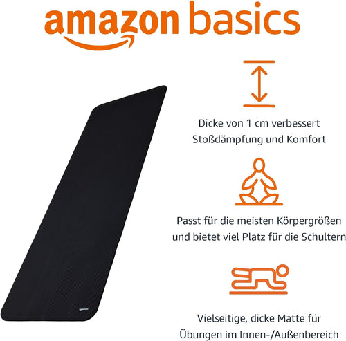Amazon Basics Yoga Mat Non Slip Extra Thick Pilates Gym Mat 183 x 61 x 1 cm Black