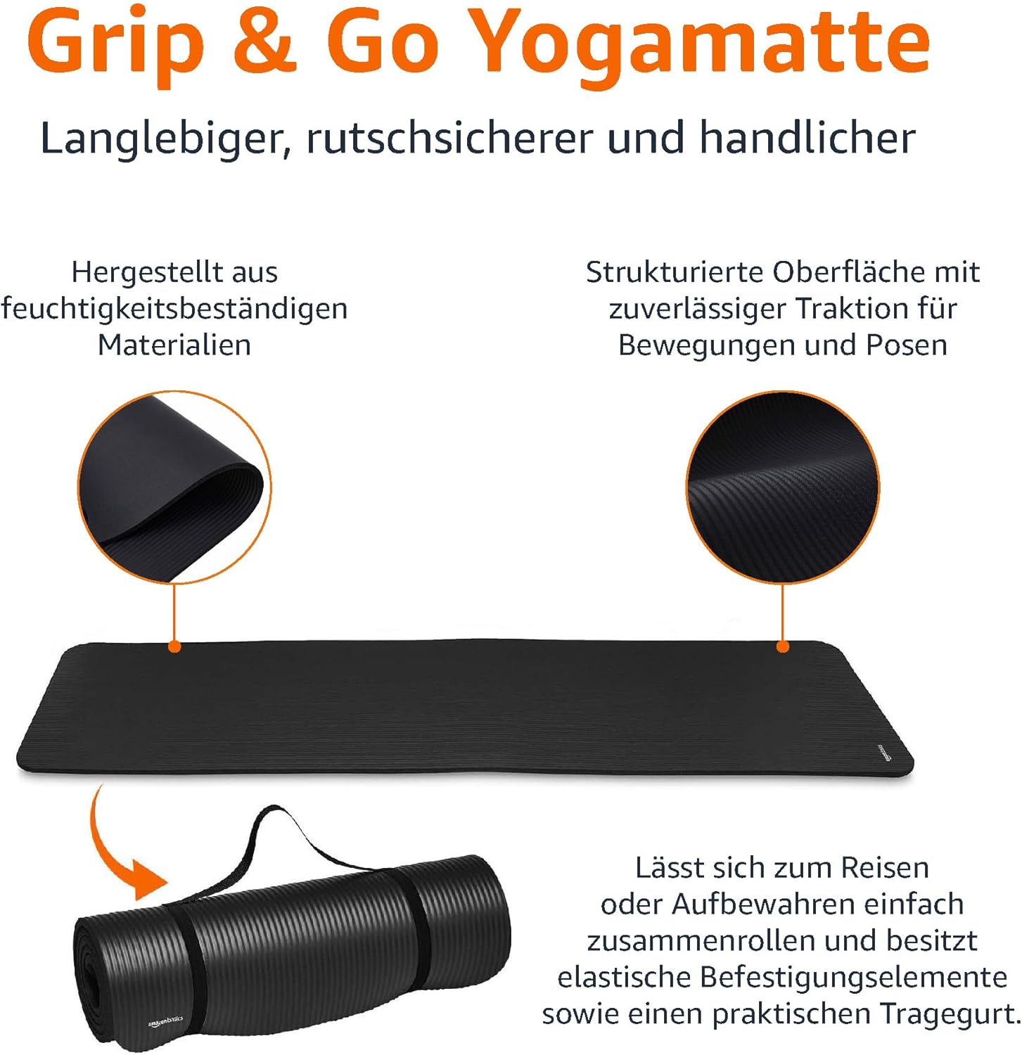 Amazon Basics Yoga Mat Non Slip Extra Thick Pilates Gym Mat 183 x 61 x 1 cm Black