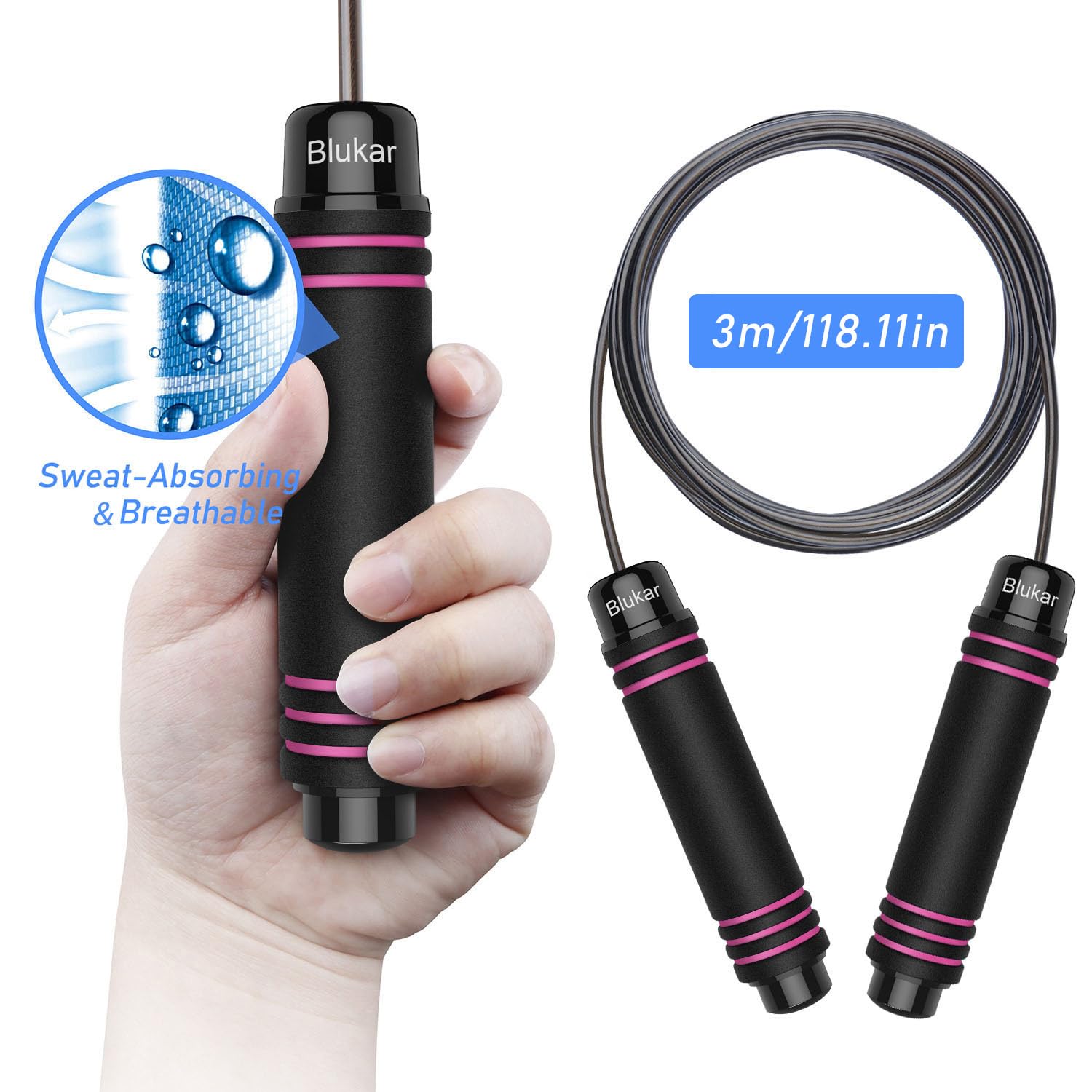 Blukar Skipping Rope with Skin-Friendly Foam Handles, Speed Rope, Adjustable Length, Non-Slip and Ideal for Fitness and Endurance Training, Suitable for Children and Adults